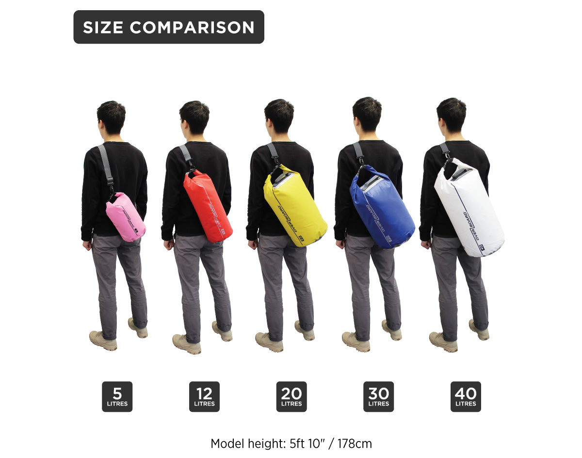 OverBoard Waterproof Dry Tube Bag - Size comparison between 5, 12, 20, 30 and 40 litres.